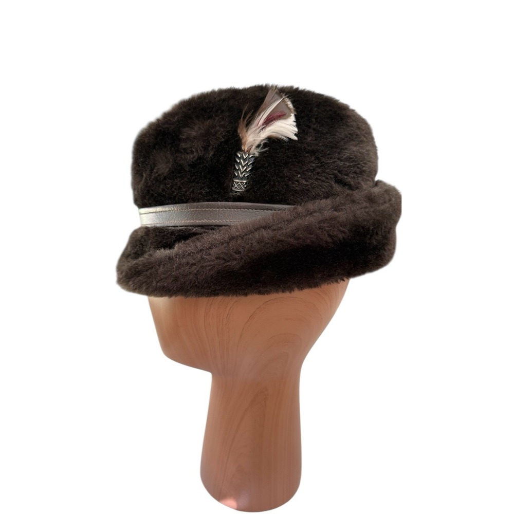 Vintage 1970s Dorfman Pacific Faux Fur Alpine Tyrolean Feather Hat Large USA